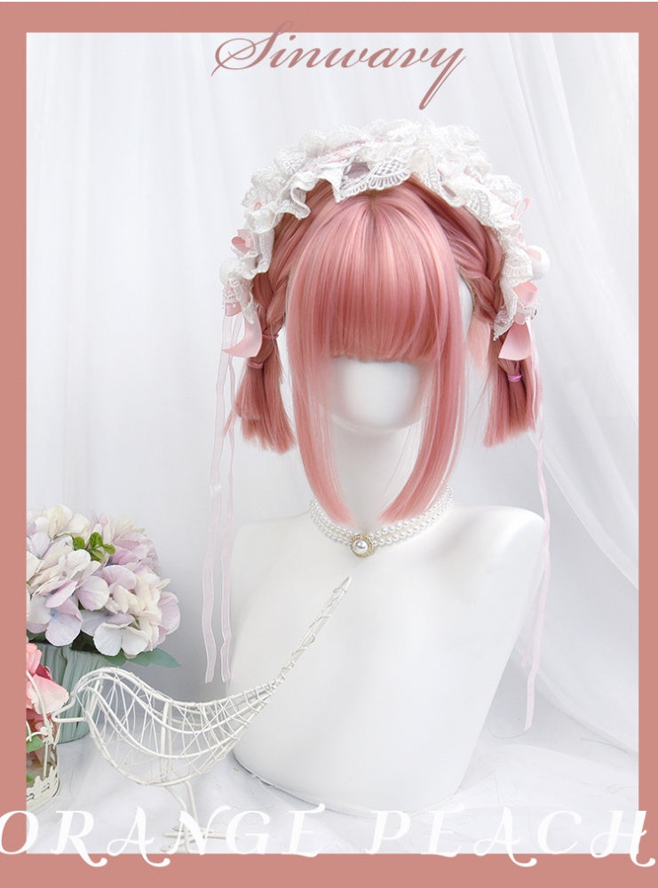 Peach Pink Short Straight Synthetic Wig with Bangs