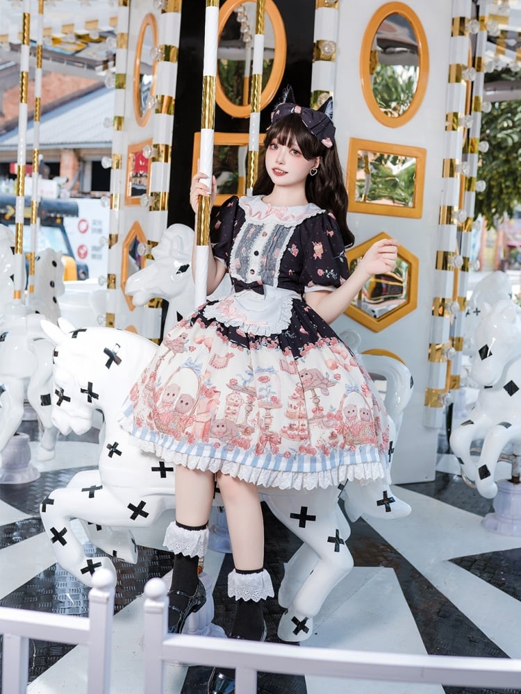 Sweet Kitty and Dessert Print Black Polka-dot One Piece