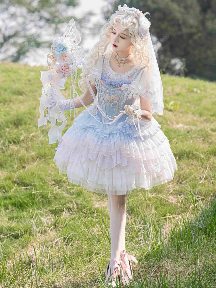 Blue Princess Corset Dress Floral Embroidery Jumper Skirt - Sukuroi