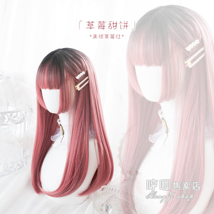 Strawberry Cookies Hime Cut Long Straight / Curly Synthetic Wig with Bangs