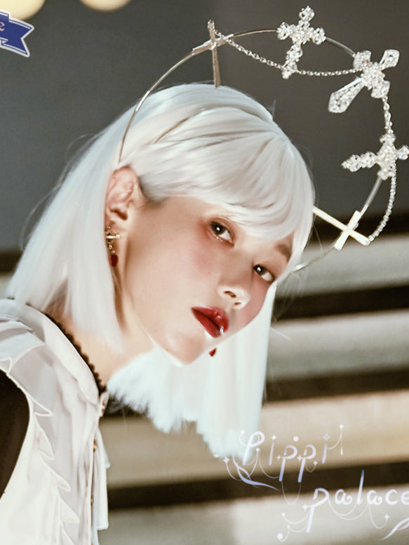 Mid Length Lob Wig White Wig with Bangs