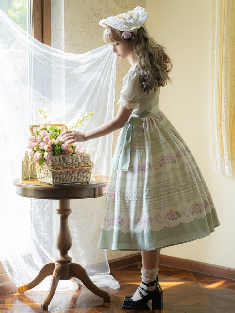 Rose Embroidery Collar Green and Pink Floral Dress One Piece