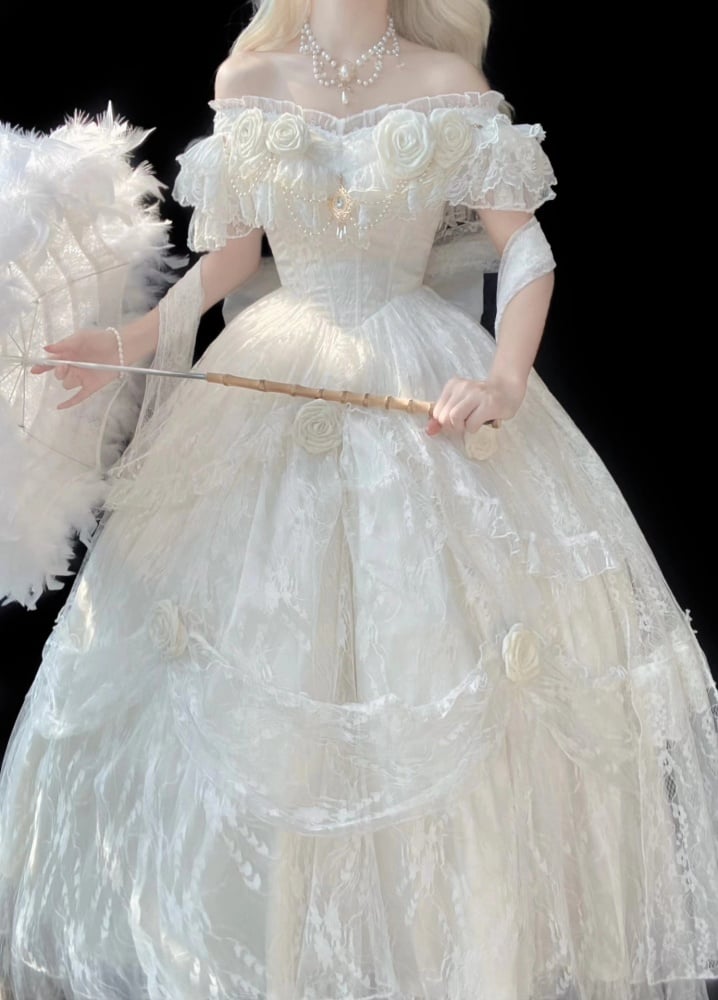 White Princess Lace Dress Floral and Bead Chain Details One Piece - Sukuroi