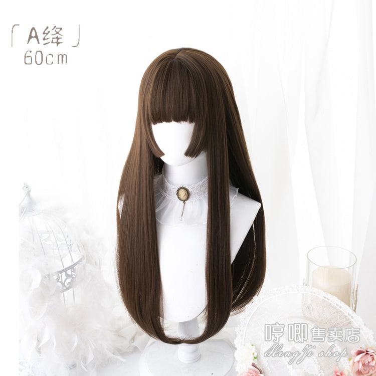 A Jiang Black / Chocolate Long Straight Synthetic Wig with Bangs