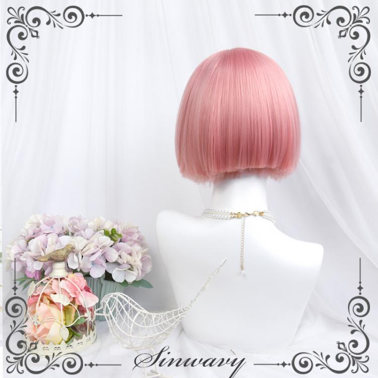 Peach Pink Short Straight Synthetic Wig with Bangs