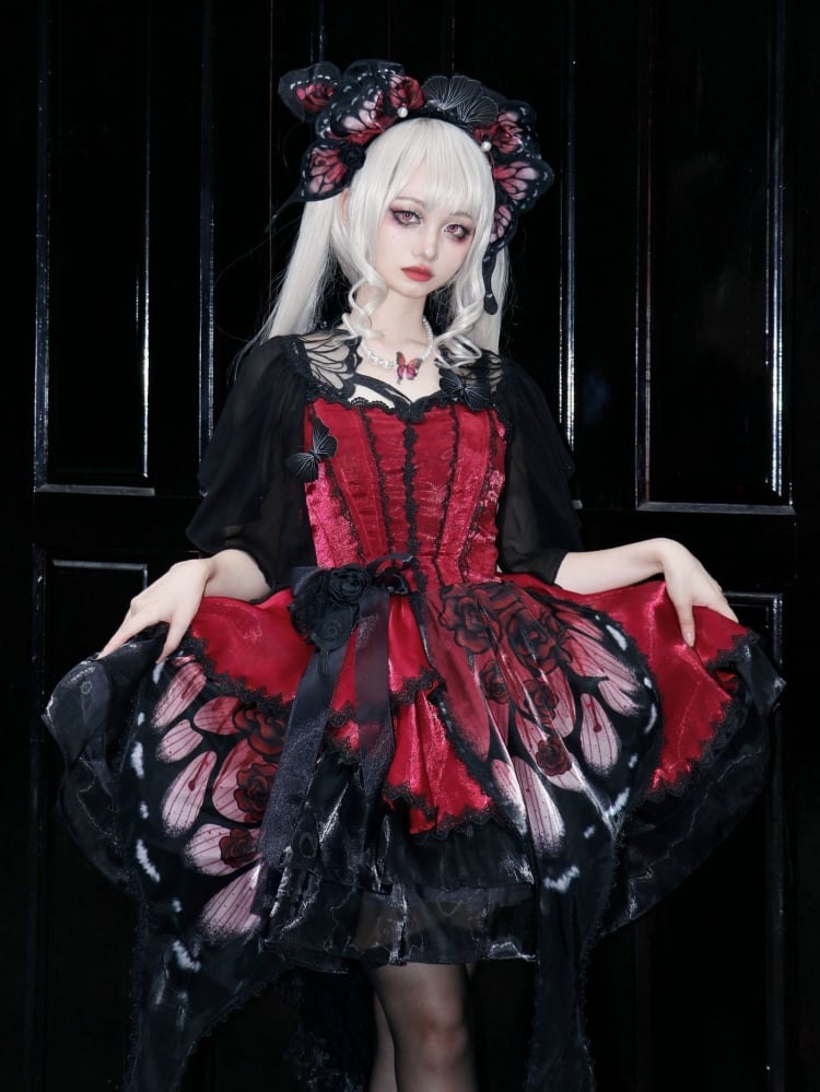 Wine Red Butterfly Jumper Skirt Gothic Princess Dress with Butterfly Train