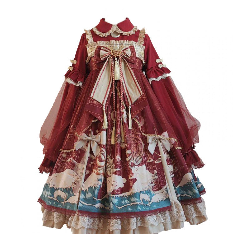 Red Peter Pan Collar Long Sleeves Wa One Piece
