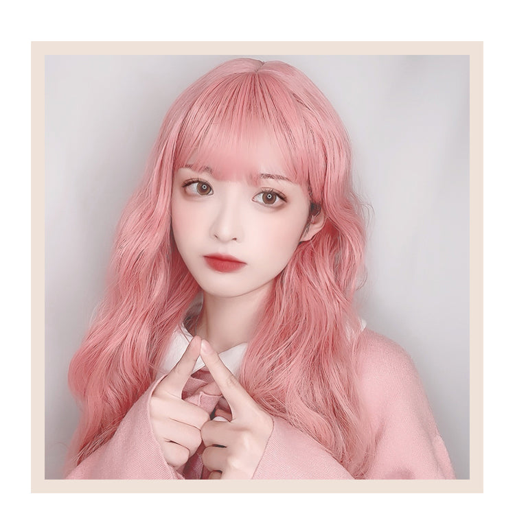 Peach Poam Pink Long Curly Synthetic Wig with Bangs