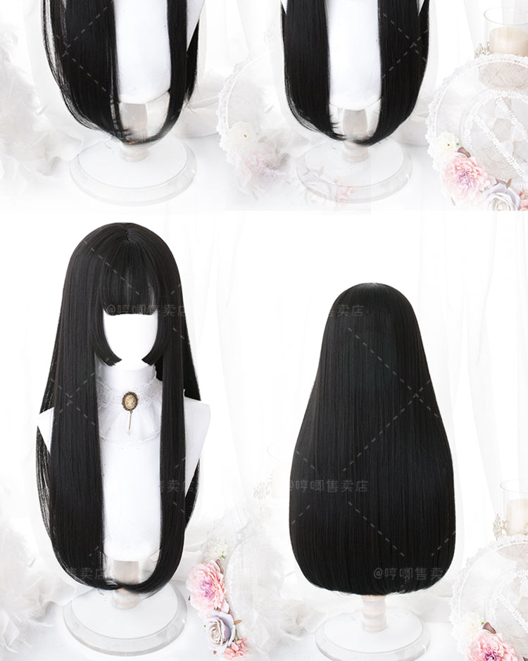 A Jiang Black / Chocolate Long Straight Synthetic Wig with Bangs