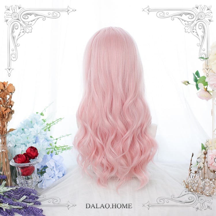 Strawberry Bo Bo Pink Long Curly Synthetic Wig with Air Bangs