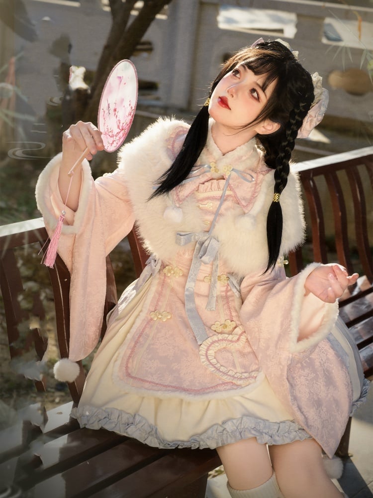 Pink High Waist White Plush Trim Neckline and Cuffs Qi One Piece - Sukuroi