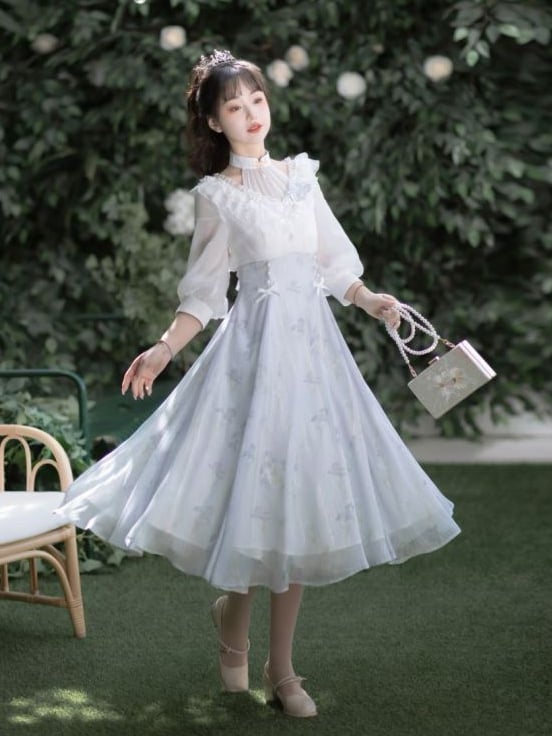 White and Purple Floral Print Halter Neck One Piece Summer Dress