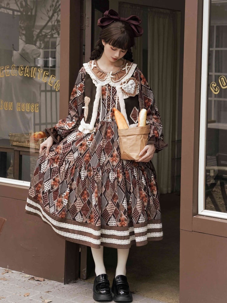 Teddy Diamond Pattern Print Brown Dress for Autumn and Winter