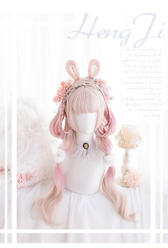 Peony Rabbit Pink Gradient Long Curly Synthetic Wig with Bangs