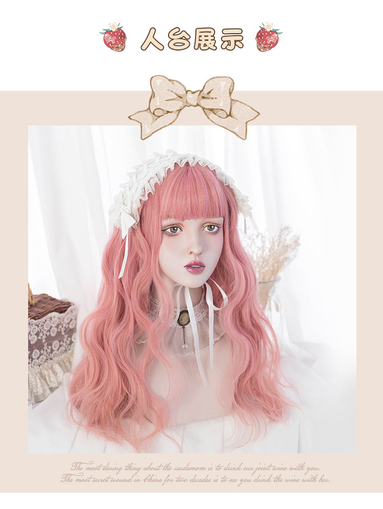 Peach Poam Pink Long Curly Synthetic Wig with Bangs