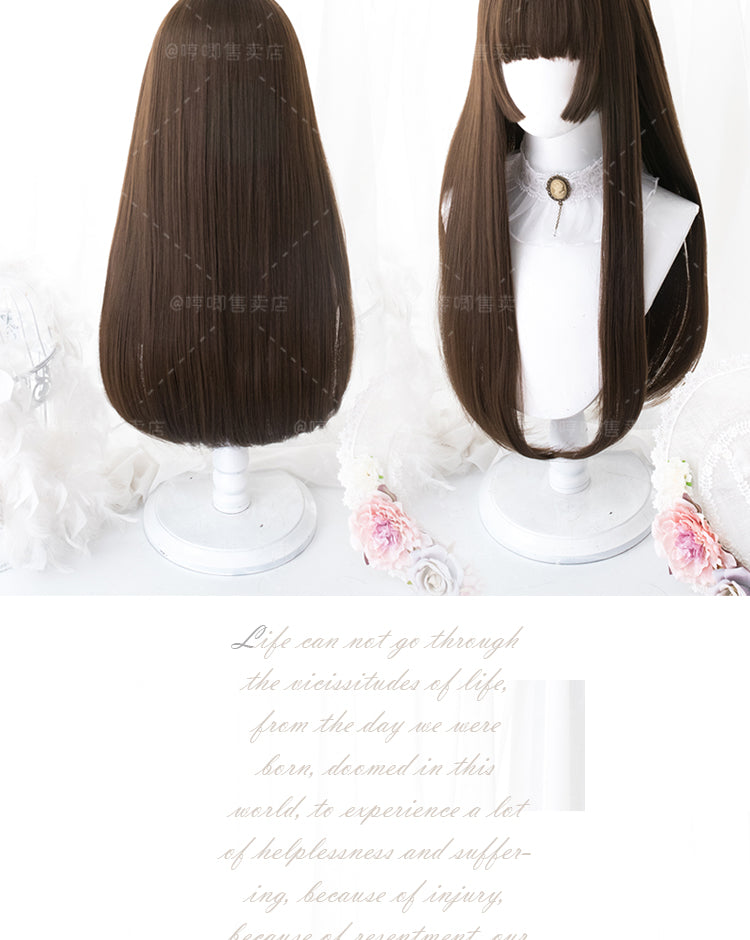 A Jiang Black / Chocolate Long Straight Synthetic Wig with Bangs