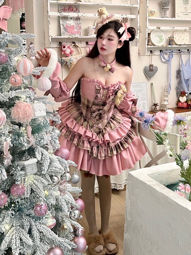 Sweet Bear Theme Pink and Brown Plaid Strapless Dress + Sleeves