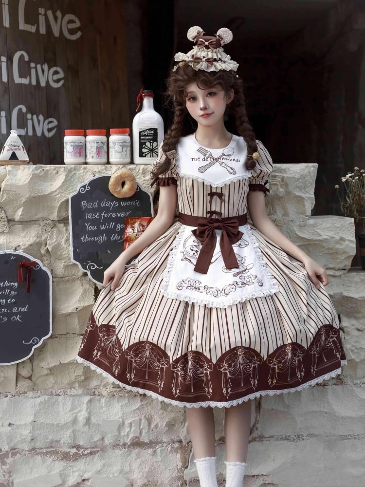 Stripe Pattern Tea Cup Print Apron One Piece Apricot and Coffee