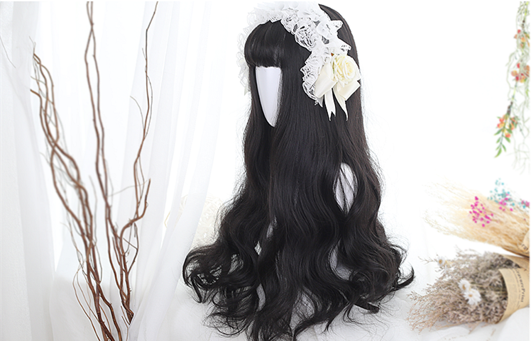 Sylvia Black Air Bangs Long Wavy Curly Synthetic Wig