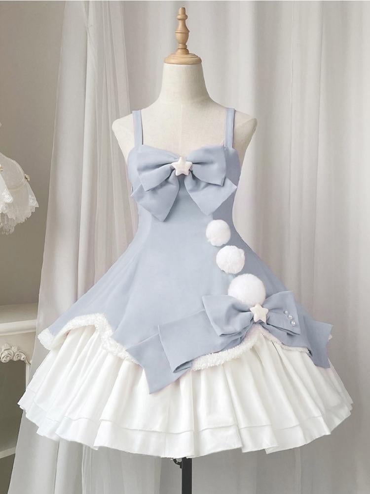 Winter Fairy Tale White and Blue Pompons Bowknot Details Jumper Skirt