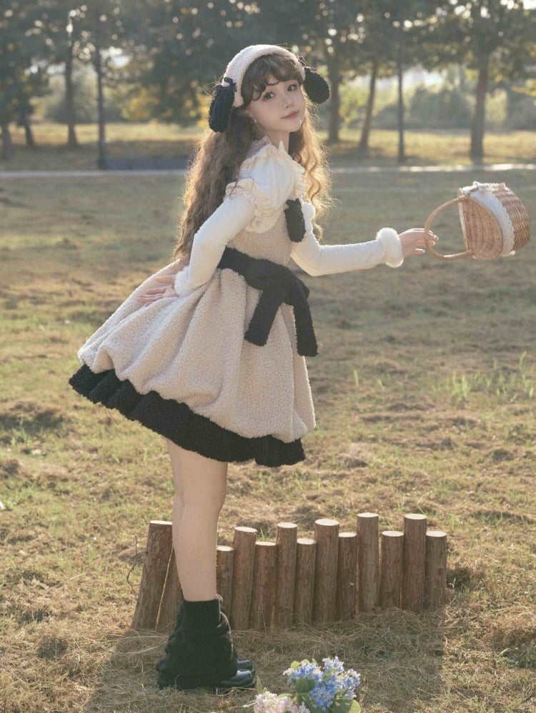 Winter Fleece Bubble Jumper Skirt Detachable Plush Lamb Ears