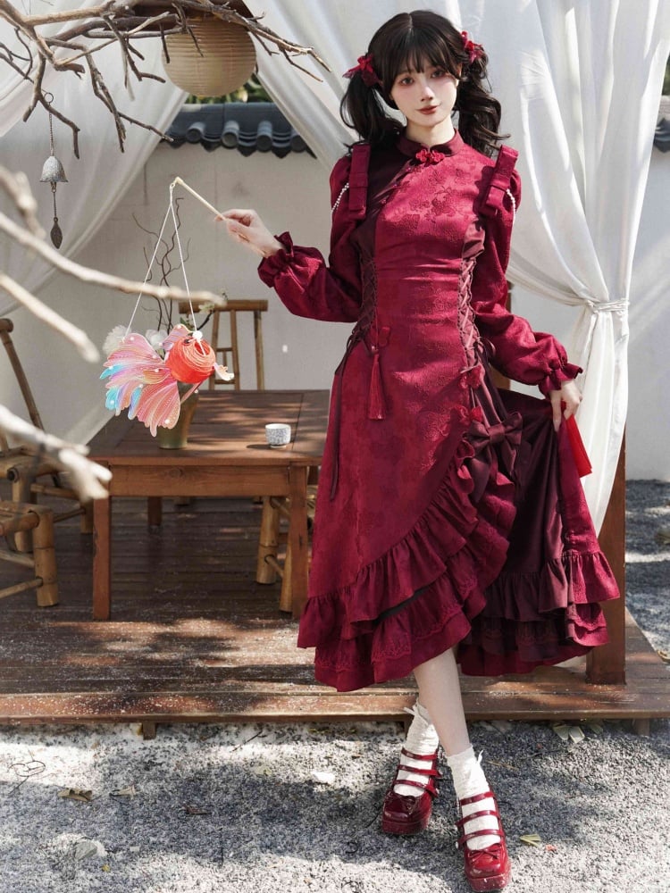 Red Layered Flounce Hemline New Year Winter Qipao - Sukuroi