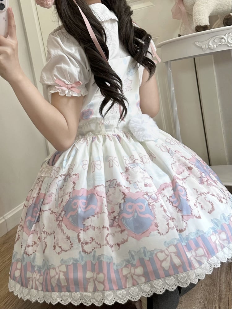 Sweet Lamb and Bowknot Print Pink and Purple Stripes Overalls