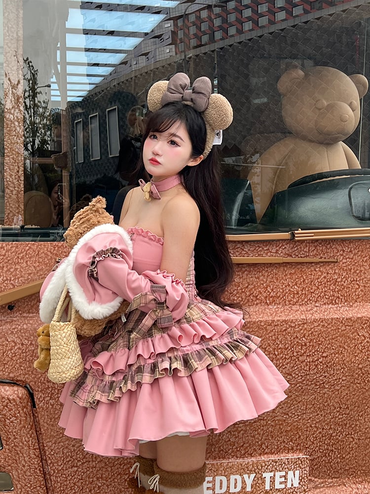 Sweet Bear Theme Pink and Brown Plaid Strapless Dress + Sleeves