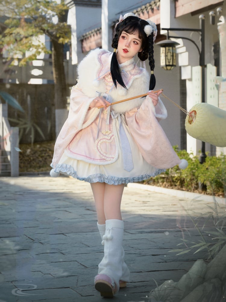 Pink High Waist White Plush Trim Neckline and Cuffs Qi One Piece - Sukuroi