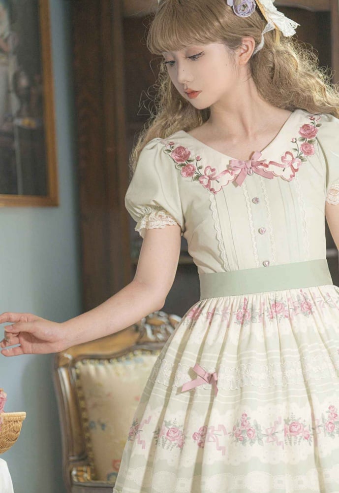 Rose Embroidery Collar Green and Pink Floral Dress One Piece