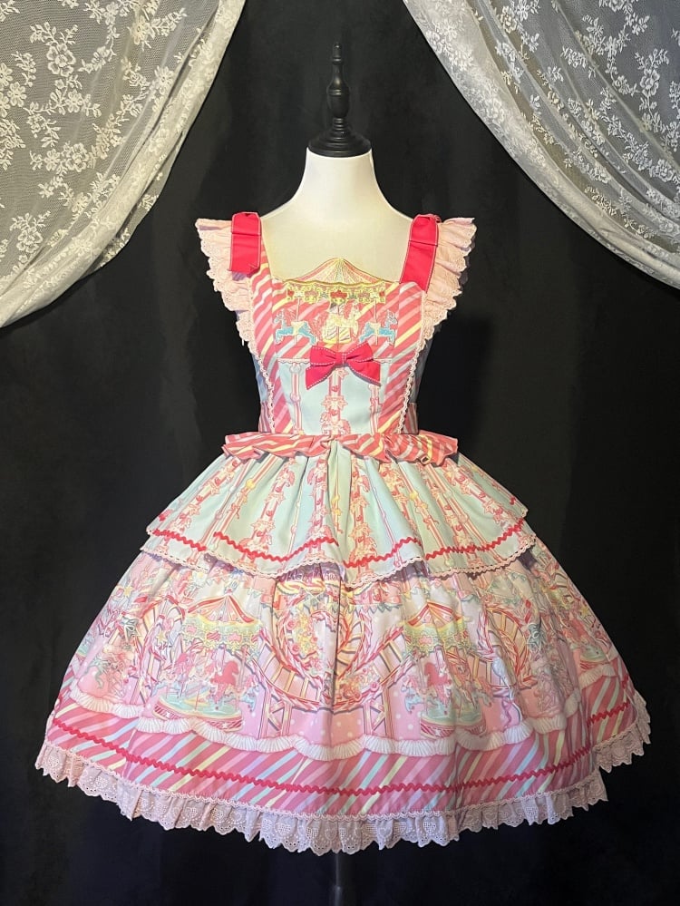 Sweet Blue Carousel Embroidery Neckline Jumper Skirt