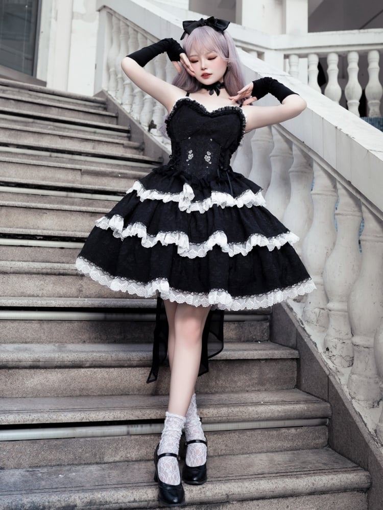 Princess Rosette Embroidery Corset Dress Black and White Jumper Skirt