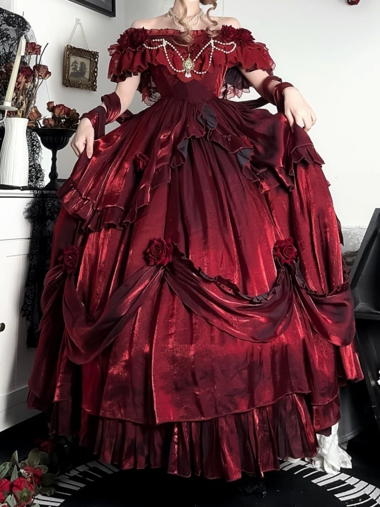 Vintage Gorgeous Red Dress Roses and Bead Chain Princess One Piece - Sukuroi