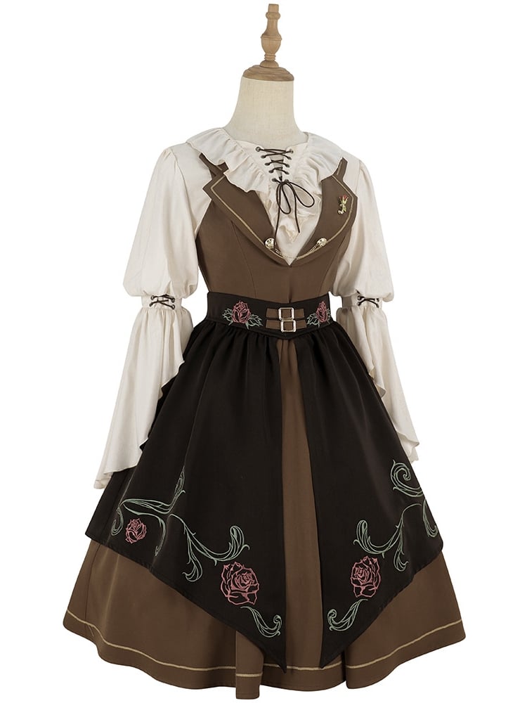 Rose Time Brown and Black Rosette Pattern Notched Collar Jumper Skirt