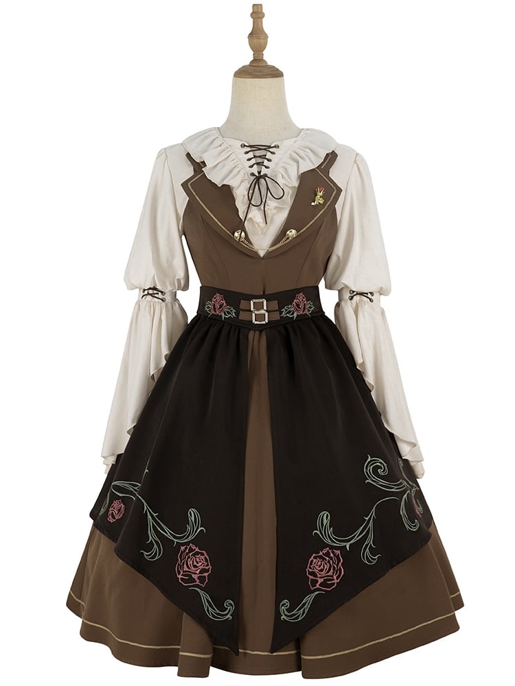 Rose Time Brown and Black Rosette Pattern Notched Collar Jumper Skirt