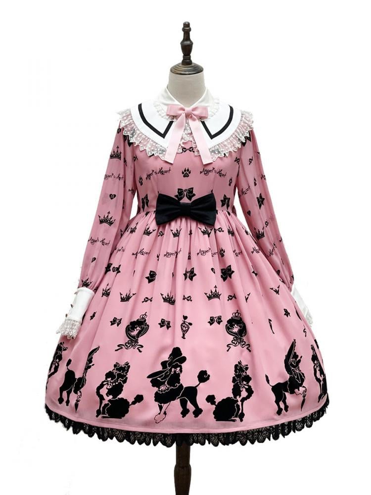 Pink Cute Poodle Print Bowknot Detail Lace Trim Long Sleeves One Piece