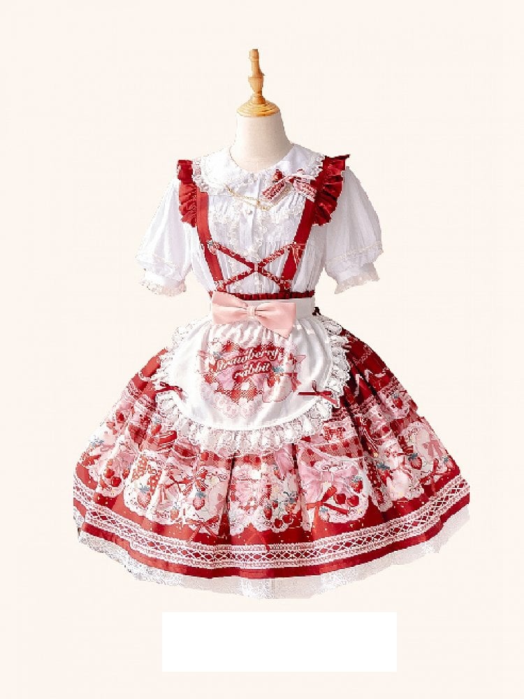 Red Bunny Strawberry Print Sweet Overall Dress+White Peter Pan Collar Blouse Set