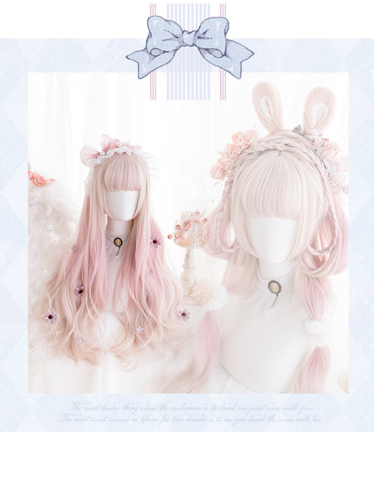 Peony Rabbit Pink Gradient Long Curly Synthetic Wig with Bangs