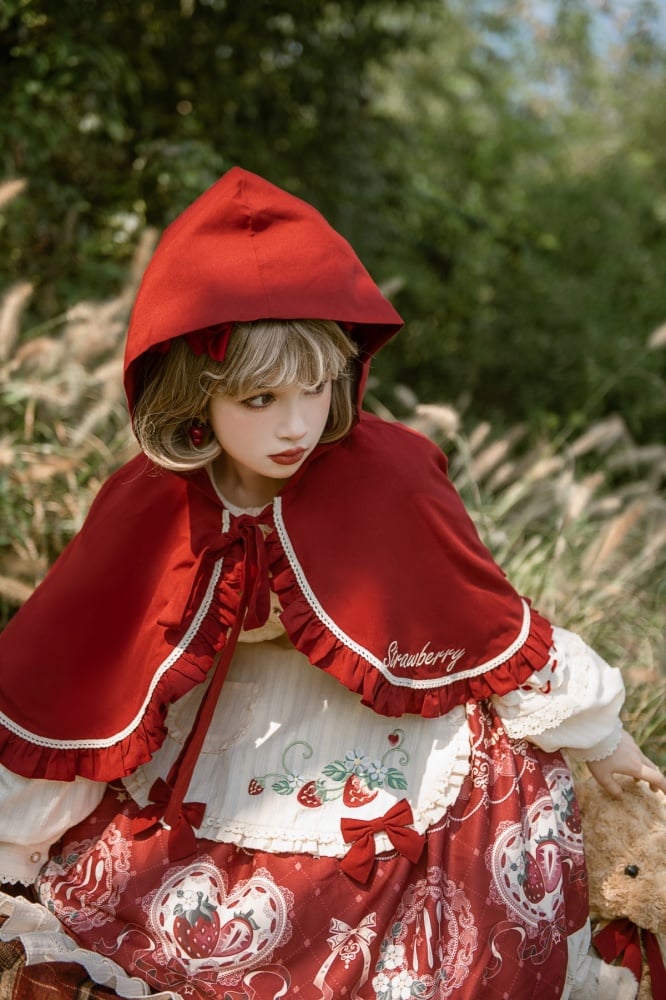 Strawberry Daily Peter Pan Collar Long Sleeves Sweet One Piece and Cape Set