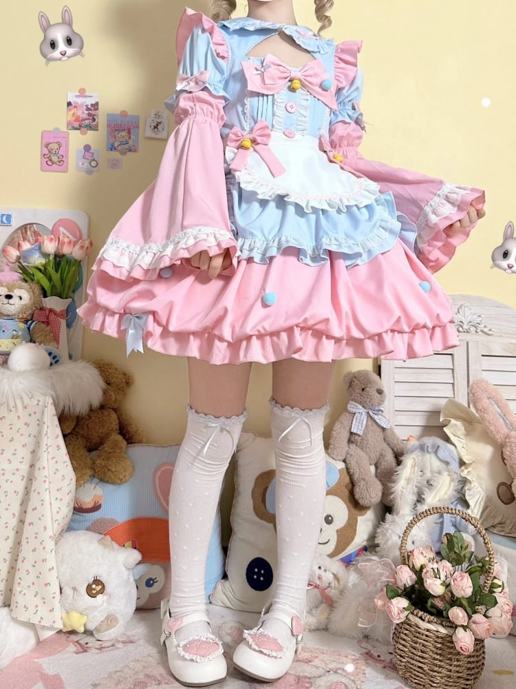 Pink and Blue Cutout Peter Pan Collar Sweet One Piece with Sleeves and Apron