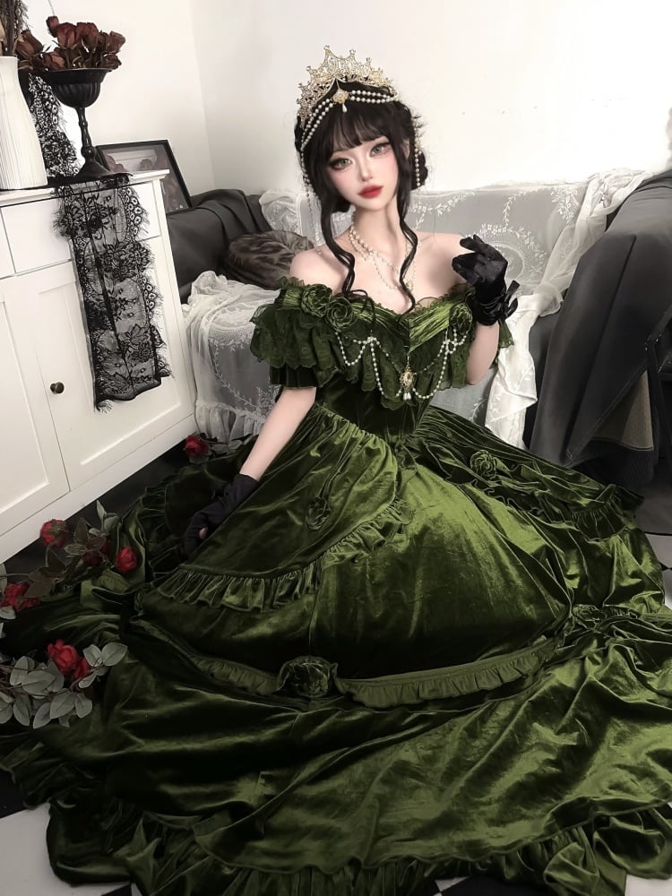 Vintage Green Classic Velvet Dress Roses and Bead Chain Princess One Piece - Sukuroi