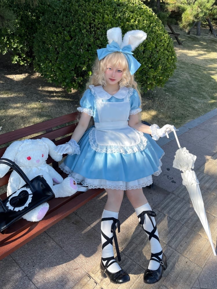 Plus Size Friendly Blue Short Version Maid One Piece + Apron Alice in Wonderland Vibes