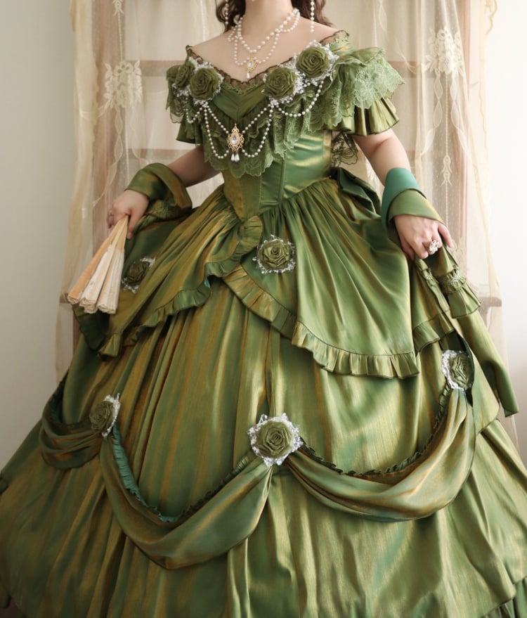 Oil Painting Green Classic Vintage Dress Roses and Bead Chain Princess One Piece - Sukuroi