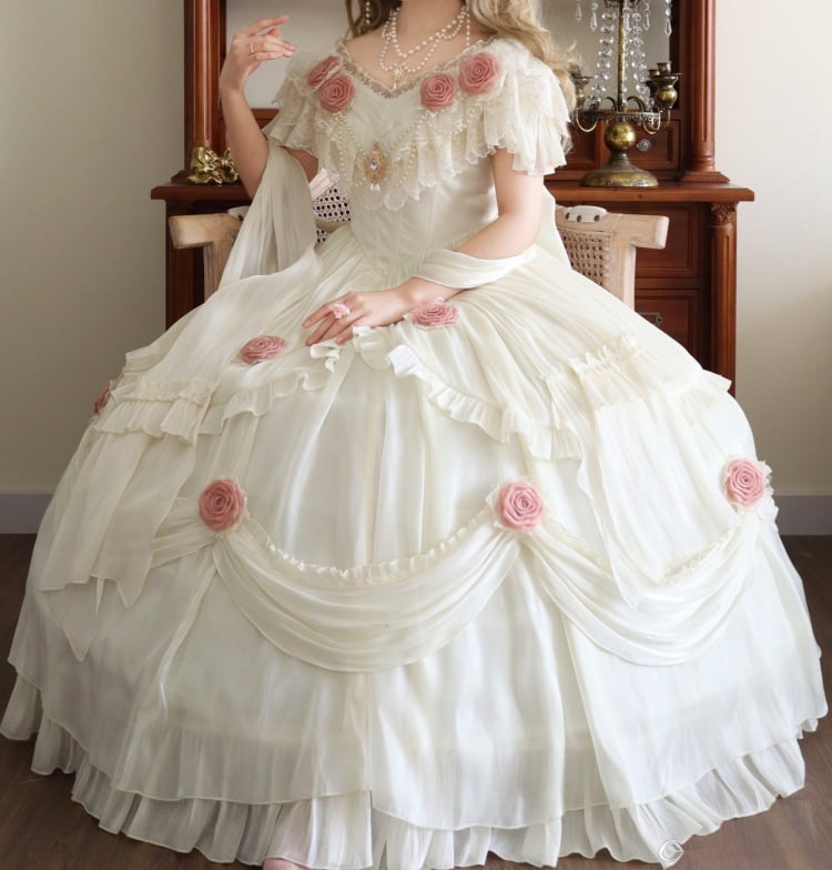 Ivory Princess Basque Waist Dress Roses and Bead Chain Lolita Wedding Dress - Sukuroi