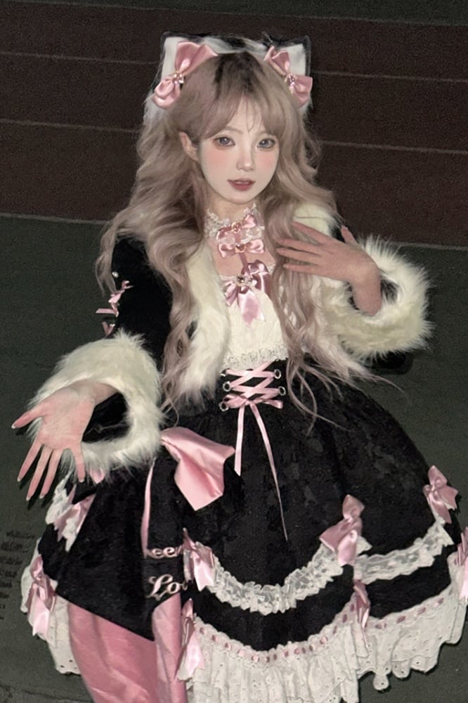 Plus Size Friendly Black Rosette Pattern Fabric Detachable Bowknots Jumper Skirt - Sukuroi