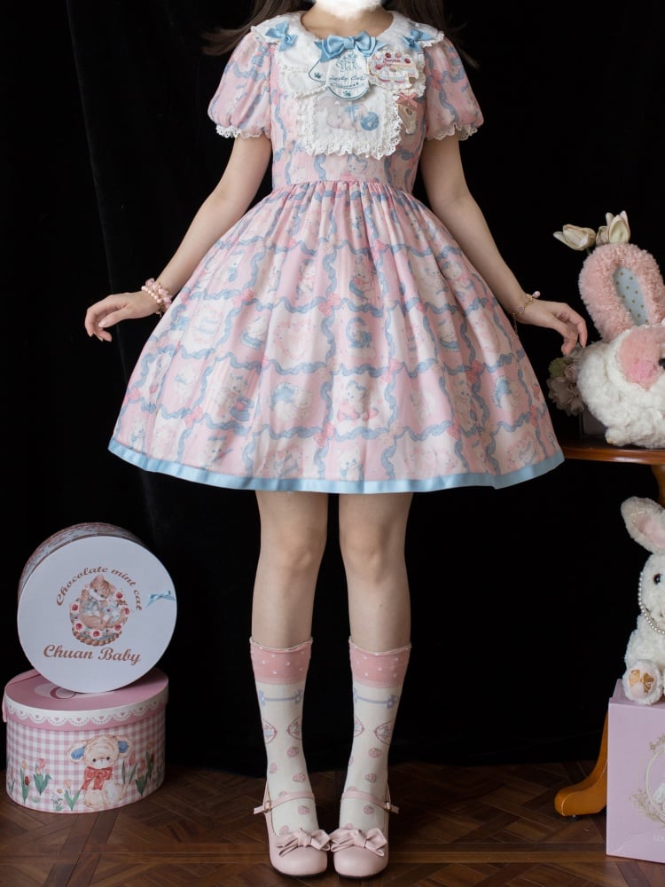 Pink and Blue Sweet Kitty Print High Waist One Piece - Sukuroi