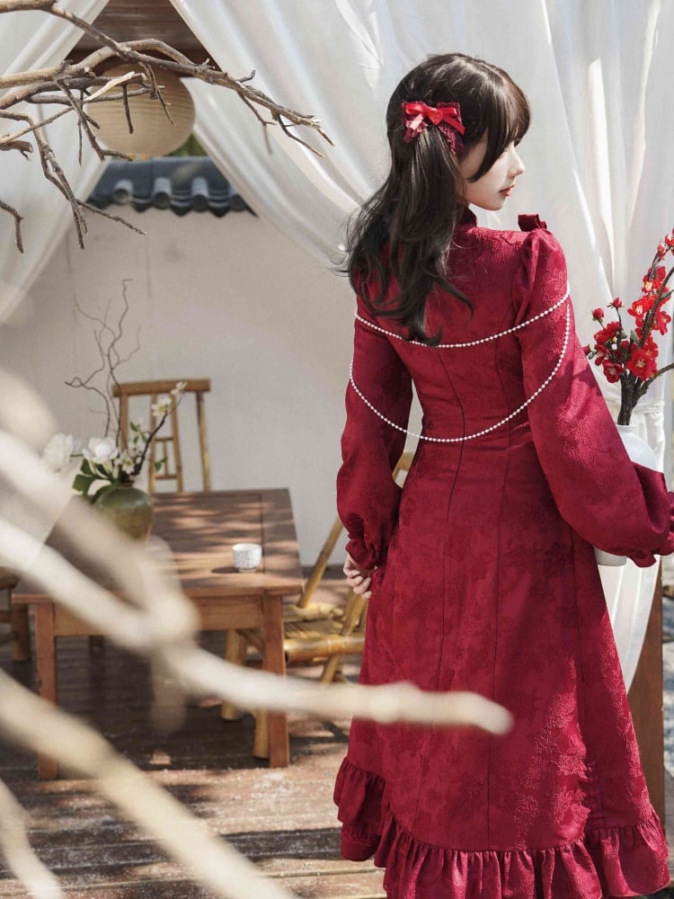 Red Layered Flounce Hemline New Year Winter Qipao - Sukuroi