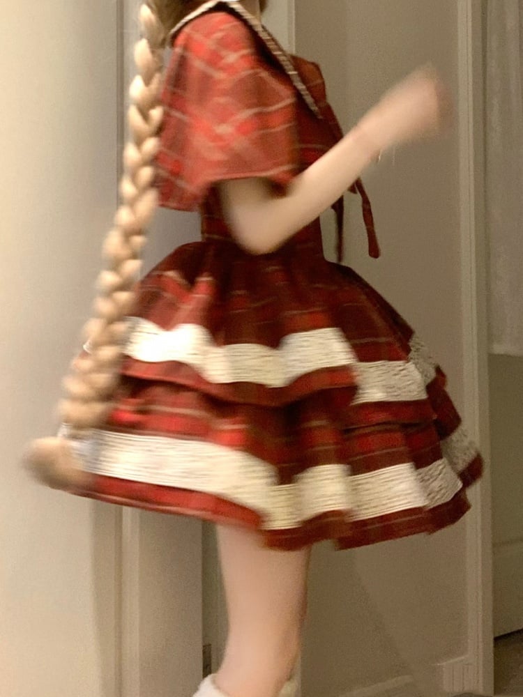 New Year Red Plaid Pattern Jumper Skirt + Cape + Beret - Sukuroi