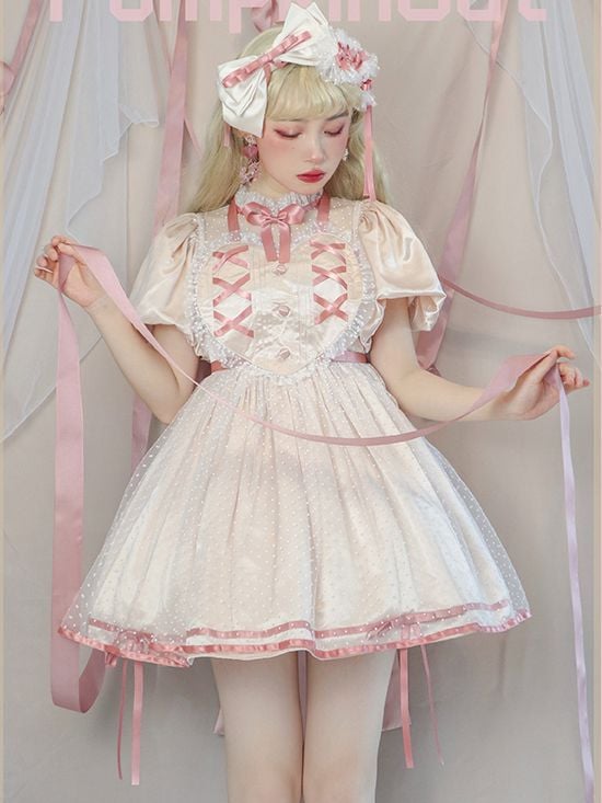 Jewel Heart Ruffle Neckline High Waist Lace-up Closure at Back Short Sleeves One Piece