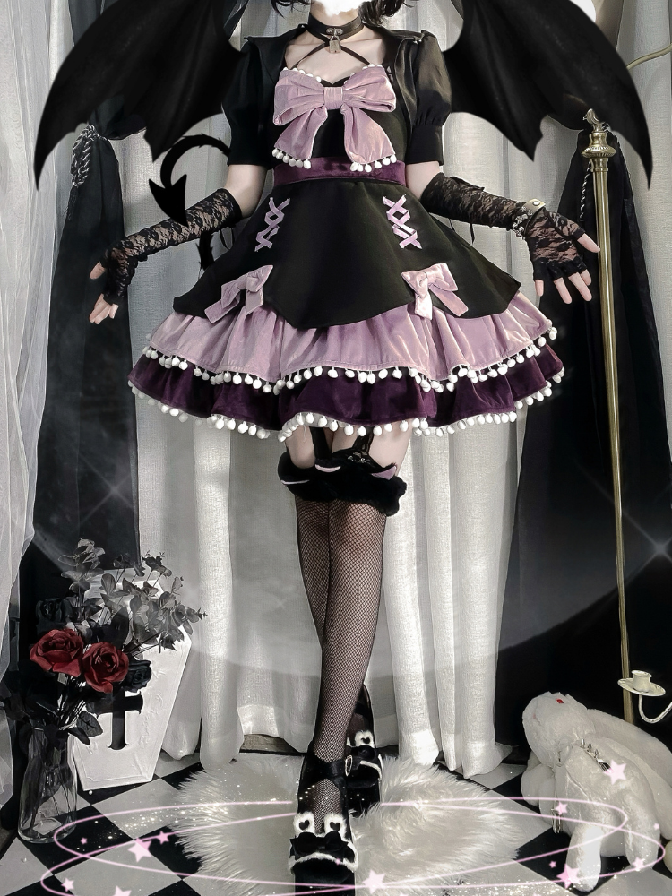 Pompom Trim Tiered Flounce Skirt Bowknot Sweet Winter Lolita Dress